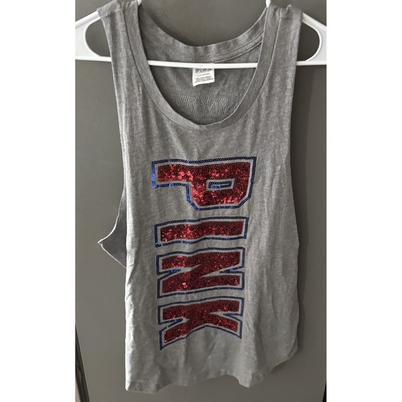 Victoria's Secret Tops - Victoria's Secret PINK Woman's Large Sequin USA Tee Tank Top Shirt Gray